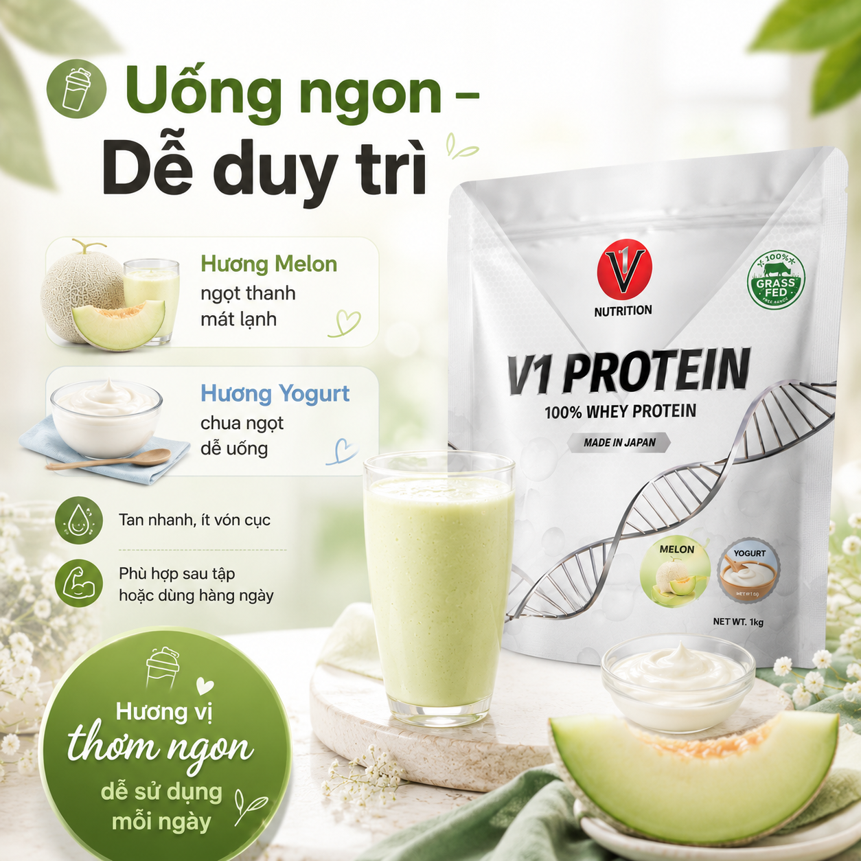 V1 Whey Protein Grass-Fed 3kg 100serving - Made In Japan - Ảnh 3